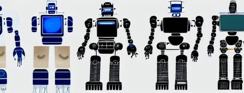 Prompt: an evolution diagram from left to right of robots, 8 k, hyper realistic. the left side robots are shorter, uncropped