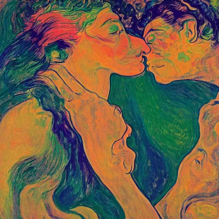 Prompt: close portrait of woman and man kissing. icy mountains far away. aurora borealis. iridescent, vivid psychedelic colors. painting by munch, agnes pelton, egon schiele, henri de toulouse - lautrec, utamaro, monet