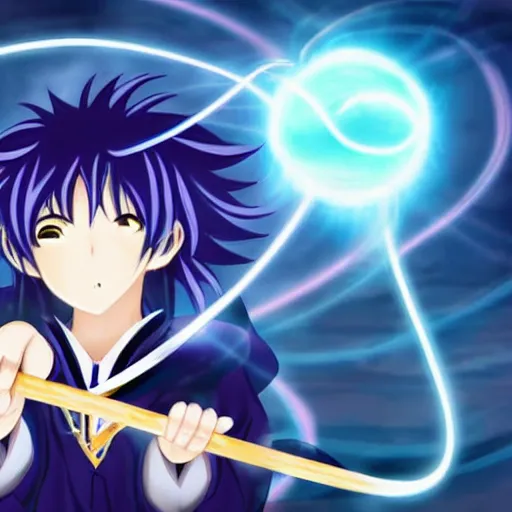 Image similar to a beautiful anime character wizard with free flowing hair holding a staff that has a glowing blue orb at the head of it emanating brilliant blue light, high detail, high resolution