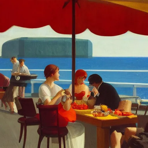 Prompt: Italian aperitivo at the seaside by Edward Hopper, 8k, octane render, detailed digital art