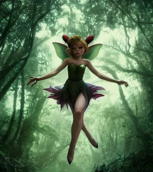 Image similar to demonic tinker bell flying in an enchanted forest, flawless symmetrical pretty cute face, greg rutkowski, 8 k, shallow depth of field, intricate detail, concept art,