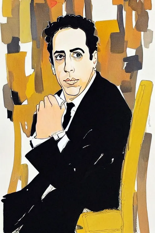 Prompt: beautiful portrait of serious looking Jerry Seinfeld by Milo manara and David downton