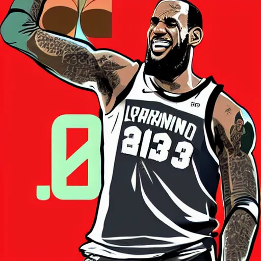 Prompt: happy lebron james wearing a plain tshirt, gta v cover art, art by stephen bliss, matte painting