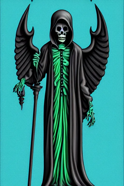 Prompt: grim reaper carved into a blue green, intricate baroque style, by artgem