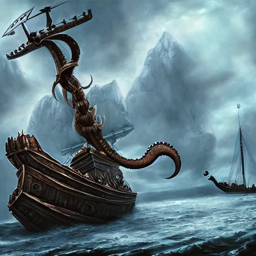 Image similar to kraken attack epic viking ship, centered in picture, epic fantasy, detailed, intricate, digital painting, concept art, realistic, smooth, focus, rim light