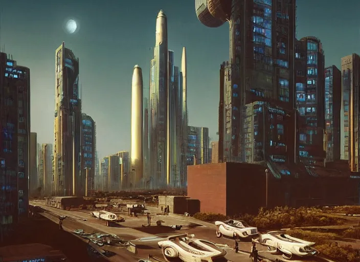 Prompt: 5 cars driving down a street in the city of Eindhoven next to tall buildings the night at 8:00 am, cyberpunk art by Chesley Bonestell, cgsociety, retrofuturism, matte painting, reimagined by industrial light and magic