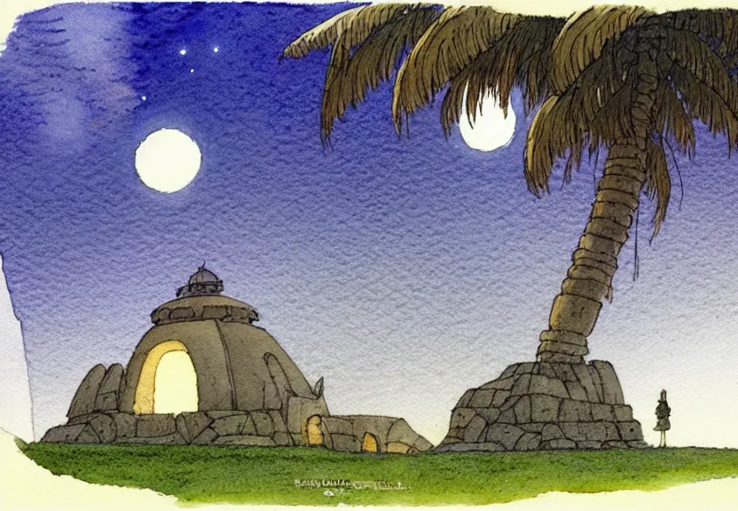 Image similar to a simple watercolor fantasy concept art of a dark grey boxy ufo next to a palm tree at night in machu pichu. by studio ghibli, rebecca guay, michael kaluta, charles vess