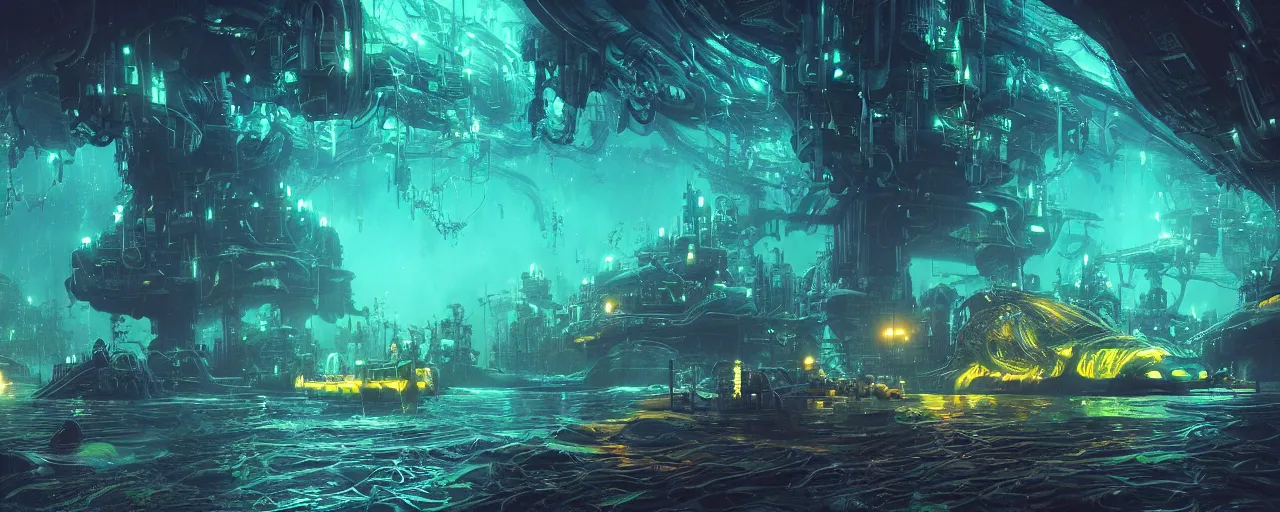 Image similar to ” dark underwater otherwordly terminal lit by bioluminescense, [ deepsea, cinematic, detailed, epic, widescreen, opening, establishing, mattepainting, photorealistic, realistic textures, octane render, art by slop and paul lehr ] ”