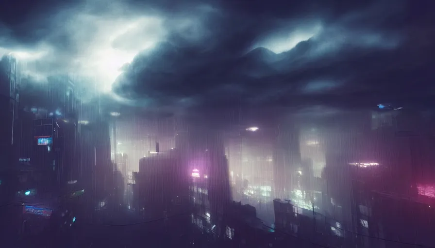 Image similar to man in sky falling through clouds over a dark cyberpunk city, digital art, volumetric lighting, dystopia, artstation, concept art, painting