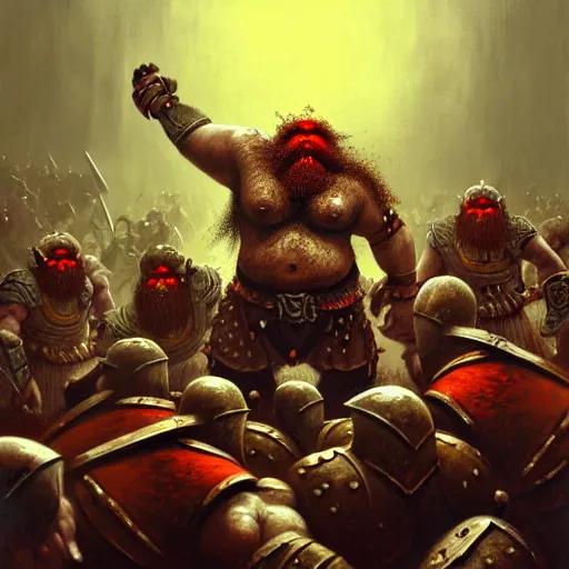 Image similar to painting of a single dwarven berserker facing a crew of crazy goblin warriors in deadly combat on a gladiator pit, sharp focus, high symmetry, award - winning, trending on artstation, masterpiece, highly detailed, intricate. art by seb mckinnon