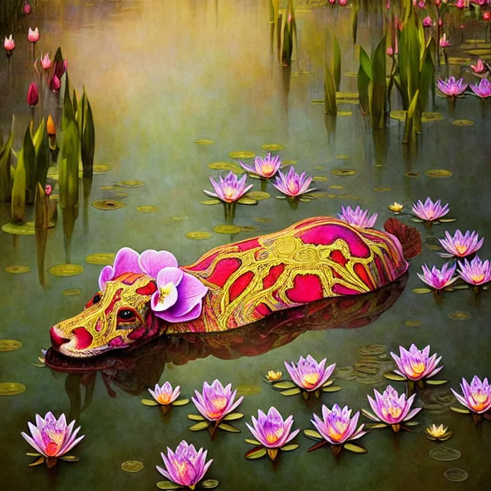 Image similar to psychedelic animal made of orchid on pond of waterlilies, diffuse lighting, fantasy, intricate, elegant, highly detailed, lifelike, photorealistic, digital painting, artstation, illustration, concept art, smooth, sharp focus, art by John Collier and Albert Aublet and Krenz Cushart and Artem Demura and Alphonse Mucha