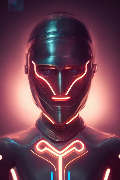 Image similar to portrait of a girl with a biomechanic armor and neon light by Artgerm and Vermeer, dramatic lighting, digital painting, highly detailed, trending on artstation