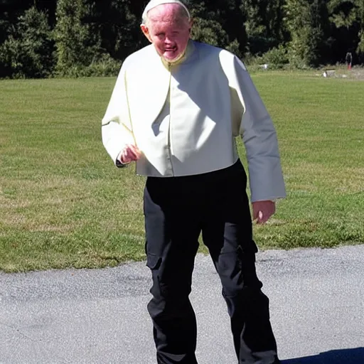 Image similar to john paul ii standing in a black hoodie, black cargo pants and high black boots