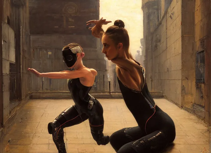 Image similar to sophia evades sgt Nash. Cyberpunk gymnast wearing combat vest escaping menacing police troopers (blade runner 2049). Gorgeous face. Iranian orientalist portrait by john william waterhouse and Edwin Longsden Long and Theodore Ralli and Nasreddine Dinet, oil on canvas. Cinematic, hyper realism, realistic proportions, dramatic lighting, high detail 4k