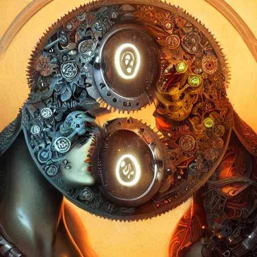 Image similar to a beautiful intricate fine art RPG portrait photo of a mechanical industrial steampunk cybernetic yin yang symbol, overgrown with morning glory flowers, montsera leaves by tom bagshaw and zach sutton, golden ratio composition, studio lighting, 50mm lens, very detailed, bionic, cybernetic scifi, deep depth of field, artstation, 8K, highly coherent