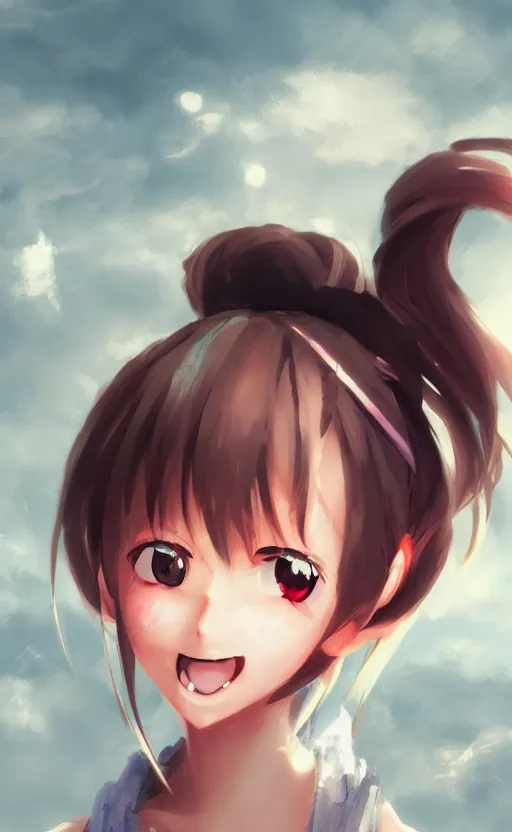 Prompt: anime girl with ponytail smiling at the camera with closed eyes, WLOP, concept art, digital painting, trending on artstation, highly detailed, epic composition, 8k UHD