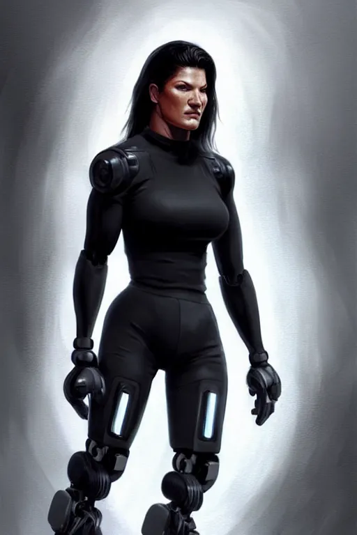 Image similar to gina carano with robotic left arm, casual black clothing, muscular, casual pose, large portrait, cyberpunk, digital painting, artstation, concept art, smooth, 8 k frostbite 3 engine, ultra detailed, art by artgerm and greg rutkowski and magali villeneuve