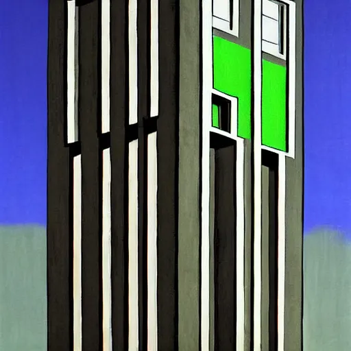 Prompt: a real concrete building with anthropomorphic qualities. one building that reminds me of a green lizart with a red mouth. clearly a building. a painting of sceptile by yves tanguy ricardo bofill