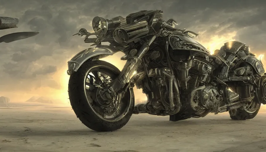 Prompt: motorcycle for the age of aliens, a hyperrealistic photograph 3D octane render of a highly detailed epic cinematic concept art CG render digital painting artwork powerful 8k