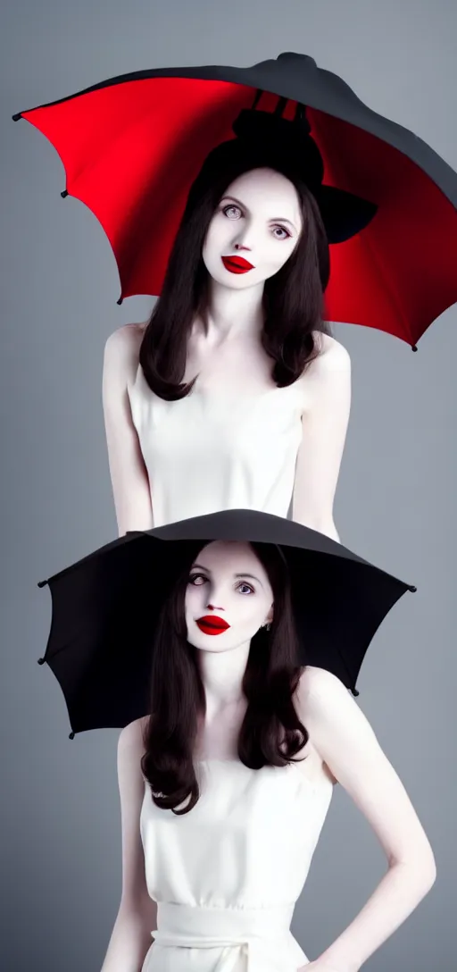 Prompt: a beautiful white pale skin girl, gray background, black dress, vibrent red lipstick, a black hat, black umbrella
