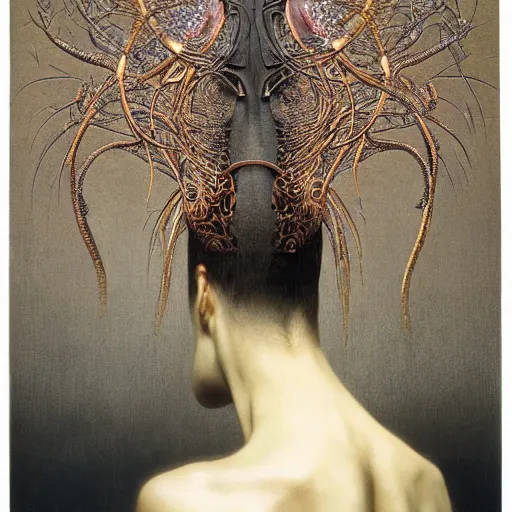 Prompt: sade by zdzisław beksinski, iris van herpen, alexander mcqueen, raymond swanland and alphonse mucha. highly detailed, hyper - real, beautiful