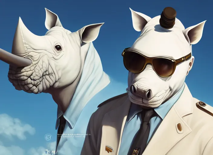 Image similar to character portrait feature of the anthro male anthropomorphic white rhino fursona wearing airline pilot outfit uniform professional pilot character design stylized by charlie bowater, ross tran, artgerm, and makoto shinkai, detailed, soft lighting, rendered in octane, maldives in background