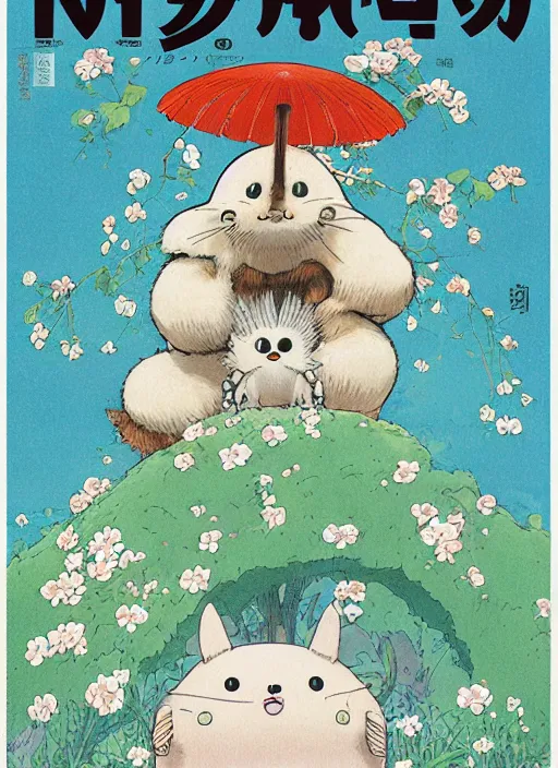 Image similar to a beautiful japanese magazine cover of a cute strange animal, illustrated by miyazaki, highly detailed, concept art, trending, poster