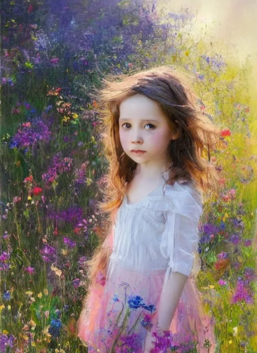 Prompt: a cute little girl with short light brown curly hair and blue eyes standing in a field of colorful wildflowers. beautiful ethereal painting by ruan jia