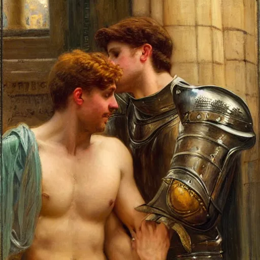 Image similar to attractive arthur pendragon confesses his love for his attractive male knight. highly detailed painting by gaston bussiere and j. c. leyendecker 8 k