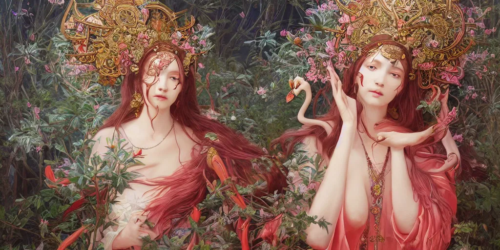 Prompt: breathtaking detailed concept art painting of the goddess of flamingo, orthodox saint, with anxious, piercing eyes, ornate background, epic composition, amalgamation of leaves and flowers, by Hsiao-Ron Cheng and John James Audubon and Miho Hirano, extremely moody lighting, 8K