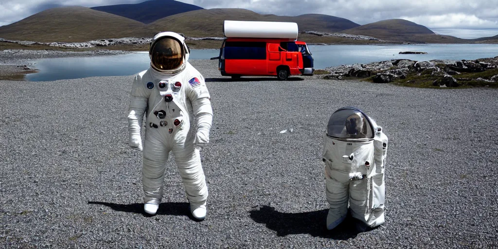 Prompt: tourist astronaut standing in the Isle of Harris, Scotland, a campervan in the background, 35 mm lens, photorealistic