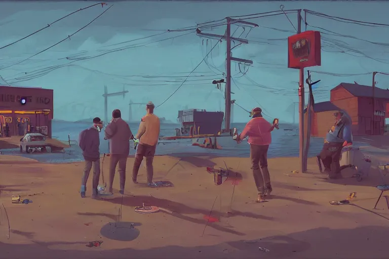 Image similar to mid - thirties guys binge drinking and fishing, in the style of simon stalenhag