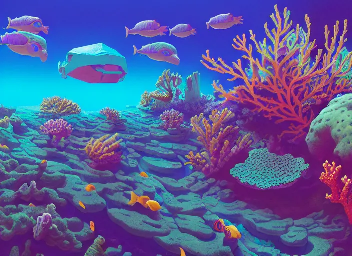 Image similar to a luminescent underwater reef with corals and aquatic life by paolo eleuteri serpieri and tomer hanuka and chesley bonestell and daniel merriam and tomokazu matsuyama, unreal engine, high resolution render, featured on artstation, octane, 8 k, highly intricate details, vivid colors, vector illustration