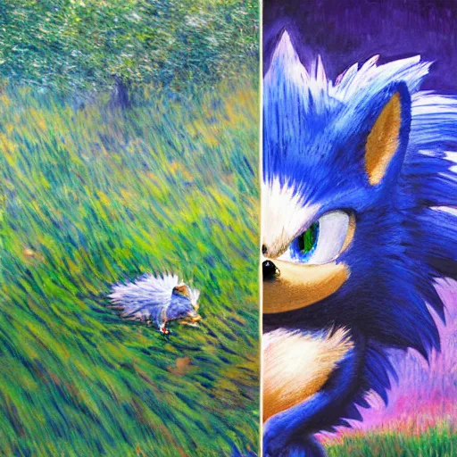 Image similar to sad painting of detailed realistic sonic the hedgehog in the woods at night, in the style of studio ghibli and moebius and claude monet and edward hopper and vincent van gogh