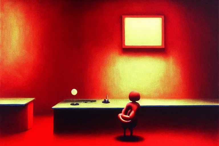 Image similar to only with red, netflix studios with workers, a big mickey mouse head in the middle of the room, in the style of beksinski, parts by edward hopper, parts by rodcenko, parts by yue minjun, intricate and epic composition, red by caravaggio, insanely quality, highly detailed, masterpiece, red light, artstation, 4 k