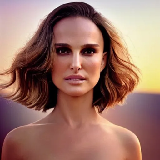 Image similar to “Natalie Portman, beautiful, golden hour, golden filter, sunset on the background, sharp focus, hyperrealistic masterpiece professionally post-processed smooth ultradetailed digital airbrush painting”