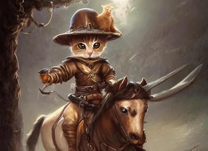 Prompt: cute little cat with wide - brimmed hat riding horse, tiny, small, miniature animal, baby animal, short, pale black armor, cute and adorable, pretty, beautiful, dnd character art portrait, matte fantasy painting, deviantart artstation, by jason felix by steve argyle by tyler jacobson by peter mohrbacher, cinematic lighting