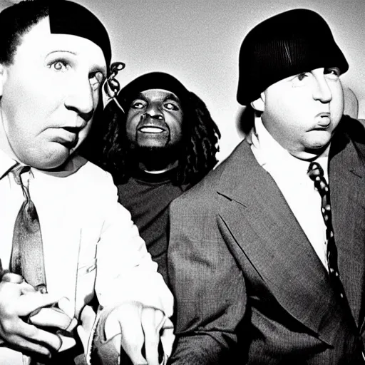 Prompt: an album cover for the three stooges as a hip hop group in 1980