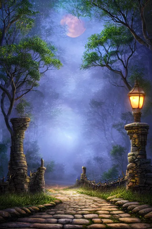 Image similar to a beautiful digital glossy clear sharp of a detailed gothic fantasy fireflies forest trees and iron gate cobblestone pathway vines full moon by james gurney, 8 k resolution trending on artstation concept art digital illustration