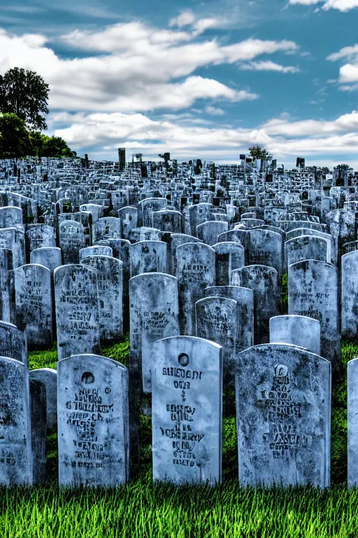 Image similar to realistic detailed photo of the windows xp bliss hills screensaver saturated cloudy blue skies with a graveyard, with many worn gravestones, hyper detailed, sigma 5 0 mm, flickr