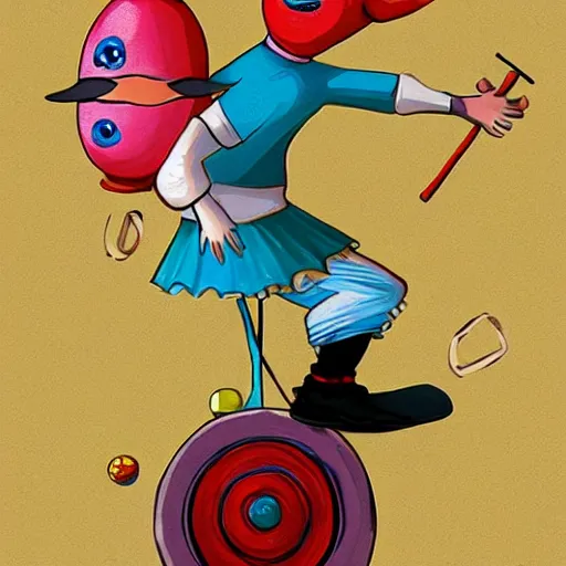 Image similar to funny clown riding a unicycle while juggling bowling pins, concept art, illustrated, highly detailed, high quality, bright colors, optimistic,