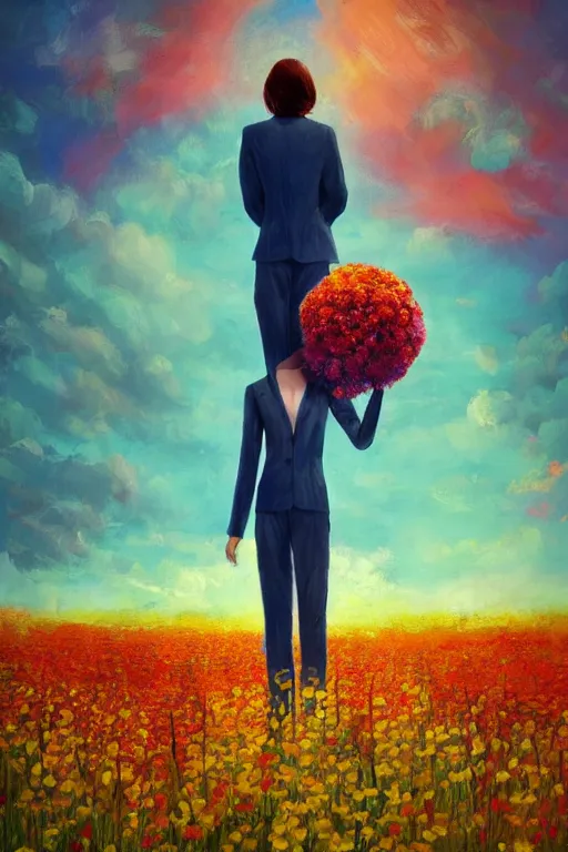 Prompt: closeup, giant flower head, girl in suit standing in a field of flowers, surreal photography, sunrise, blue sky, dramatic light, impressionist painting, digital painting, artstation, simon stalenhag