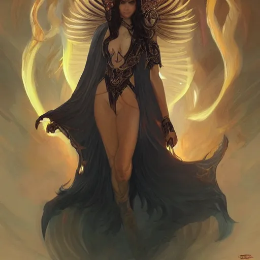 Prompt: a great lucifer, great wings, demon horn, fire on head, long dark hair, intricate, elegant, highly detailed, digital painting, artstation, concept art, smooth, sharp focus, illustration, art by artgerm and greg rutkowski and alphonse mucha