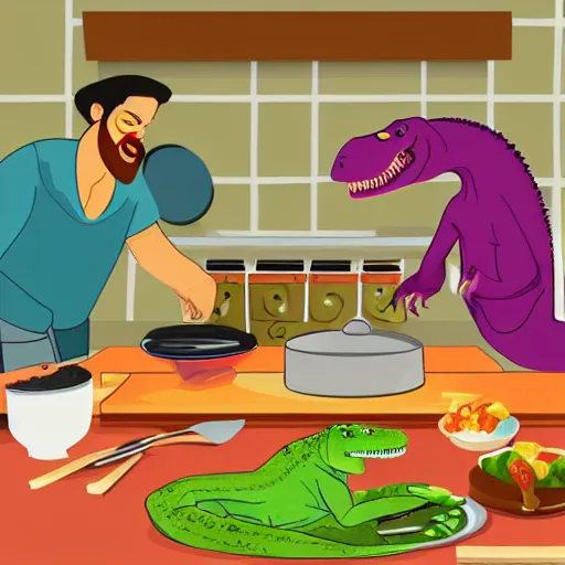 Image similar to a trex cooking dinner, illustration