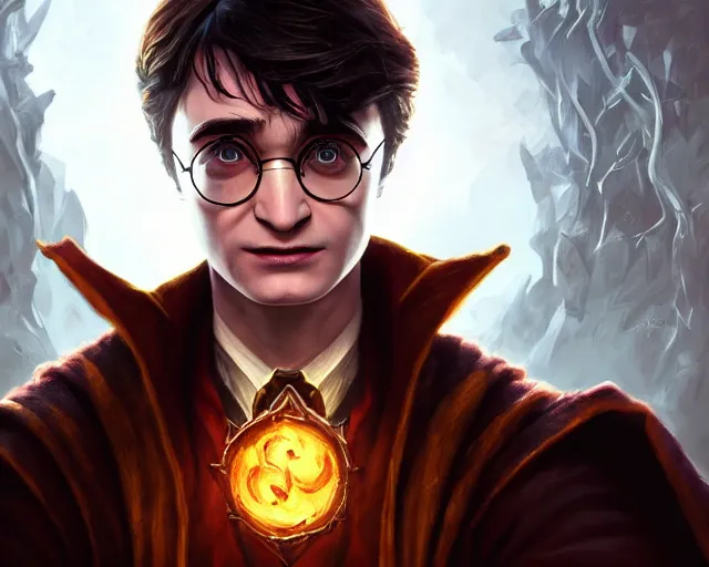 Prompt: a gaming screenshot still portrait of evil harry potter, deep focus, d & d, fantasy, intricate, elegant, highly detailed, digital painting, artstation, concept art, matte, sharp focus, illustration, dark fantasy style art, hearthstone, art by artgerm and greg rutkowski and alphonse mucha