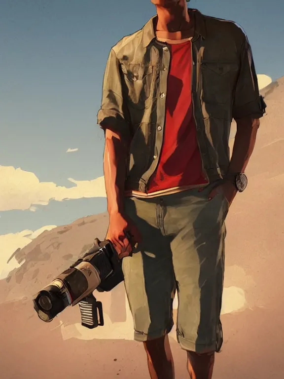 Prompt: portrait of a young man from grand theft auto 5 wearing a summer outfit, short brown hair, art by ryo shiotani and greg rutkowski, intricate, beautiful, cute, cinematic lighting, vintage art by serge ivanoff