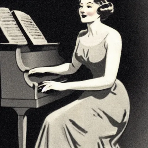 Image similar to vintage beautiful woman with an halo, wearing an black dress and sitting in an piano, 3 0 s cartoon