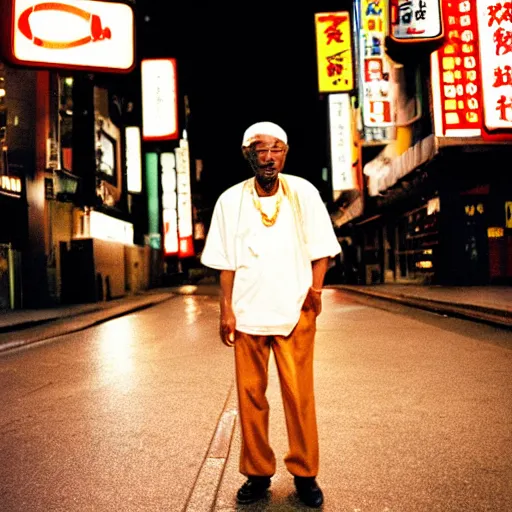 Image similar to old black man in tokyo at night, wearing gold chain, gold rings, cinestill 8 0 0,