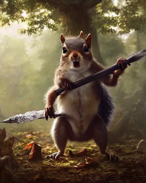 Image similar to oil painting of Anthropomorphized Angry Squirrel attacking, holding spear, wearing leaf cloak, sharp focus, fantasy style, octane render, volumetric lighting, 8k high definition, by greg rutkowski, highly detailed, trending on art Station, magic the gathering artwork, magical forest backround, centered