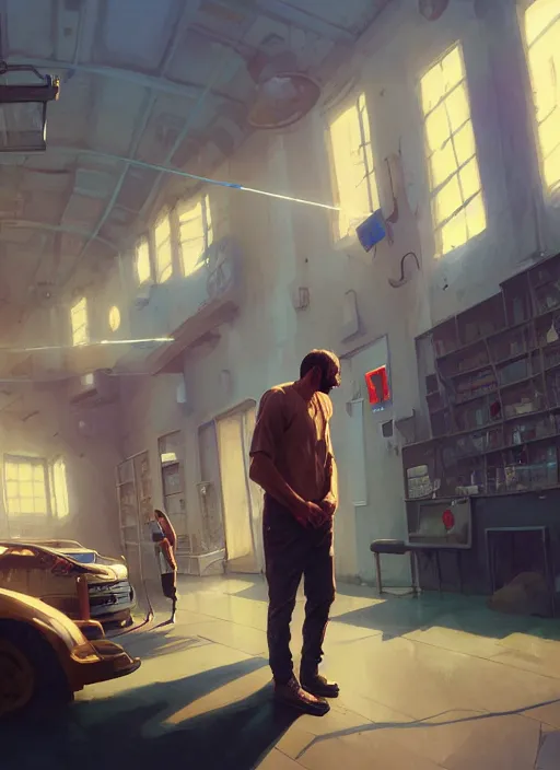 Image similar to highly detailed portrait a man getting vaccinated in gta v, stephen bliss, unreal engine, fantasy art by greg rutkowski, loish, rhads, ferdinand knab, makoto shinkai and lois van baarle, ilya kuvshinov, rossdraws, tom bagshaw, global illumination, radiant light, detailed and intricate environment